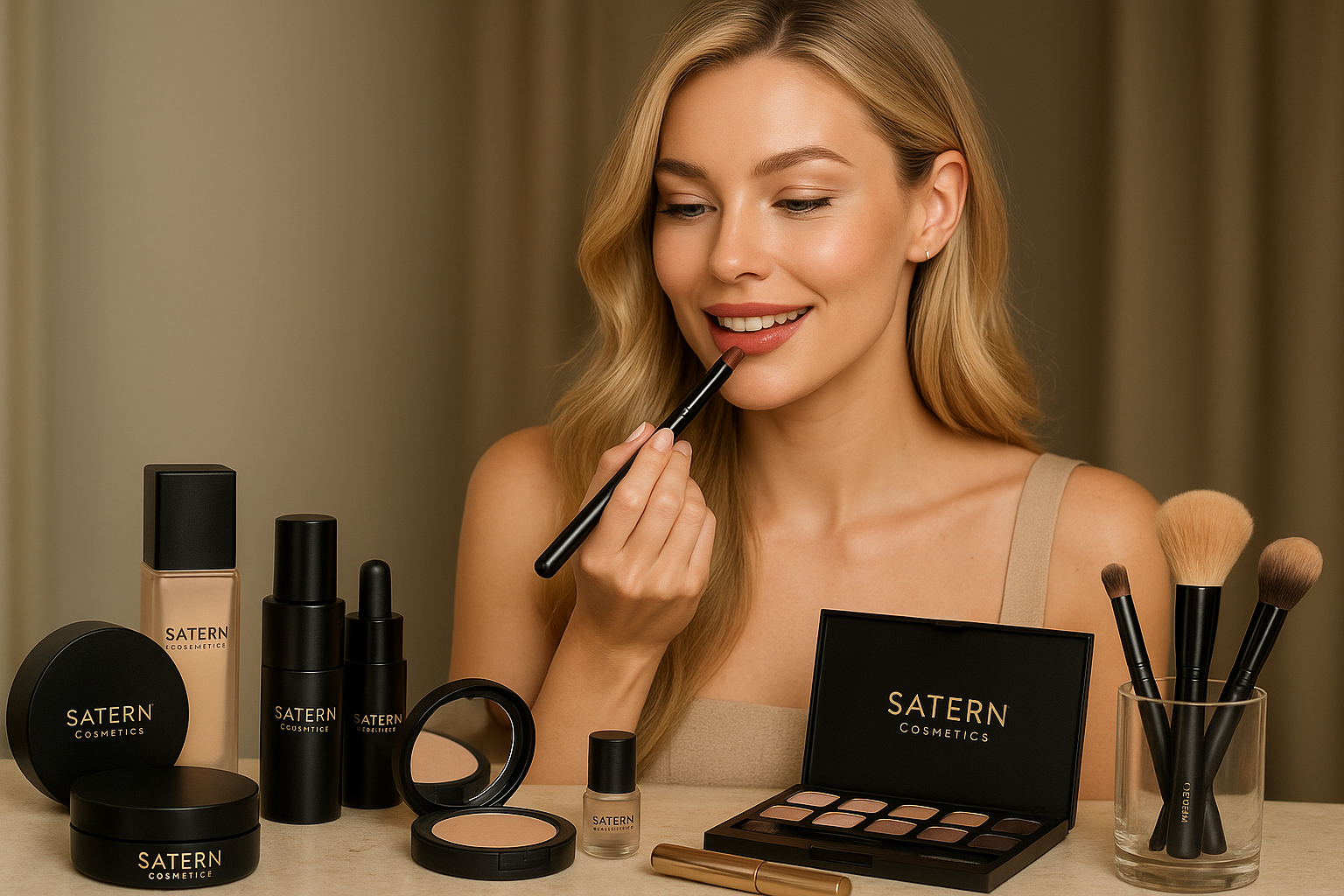 SHE IS PROMOTING SATERN COSMETIC BRAND PRODUCTS